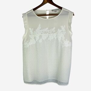 LOFT Floral Embroidered Lace Appliqué Chiffon Blouse Shell Size L Lined Ivory